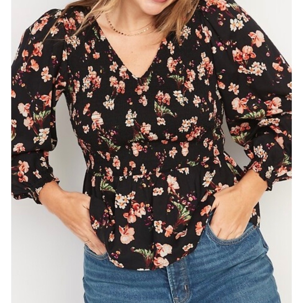 Old Navy Womens‎ 2X Floral Smocked Peplum Blouse Black Orange V-Neck Long Sleeve